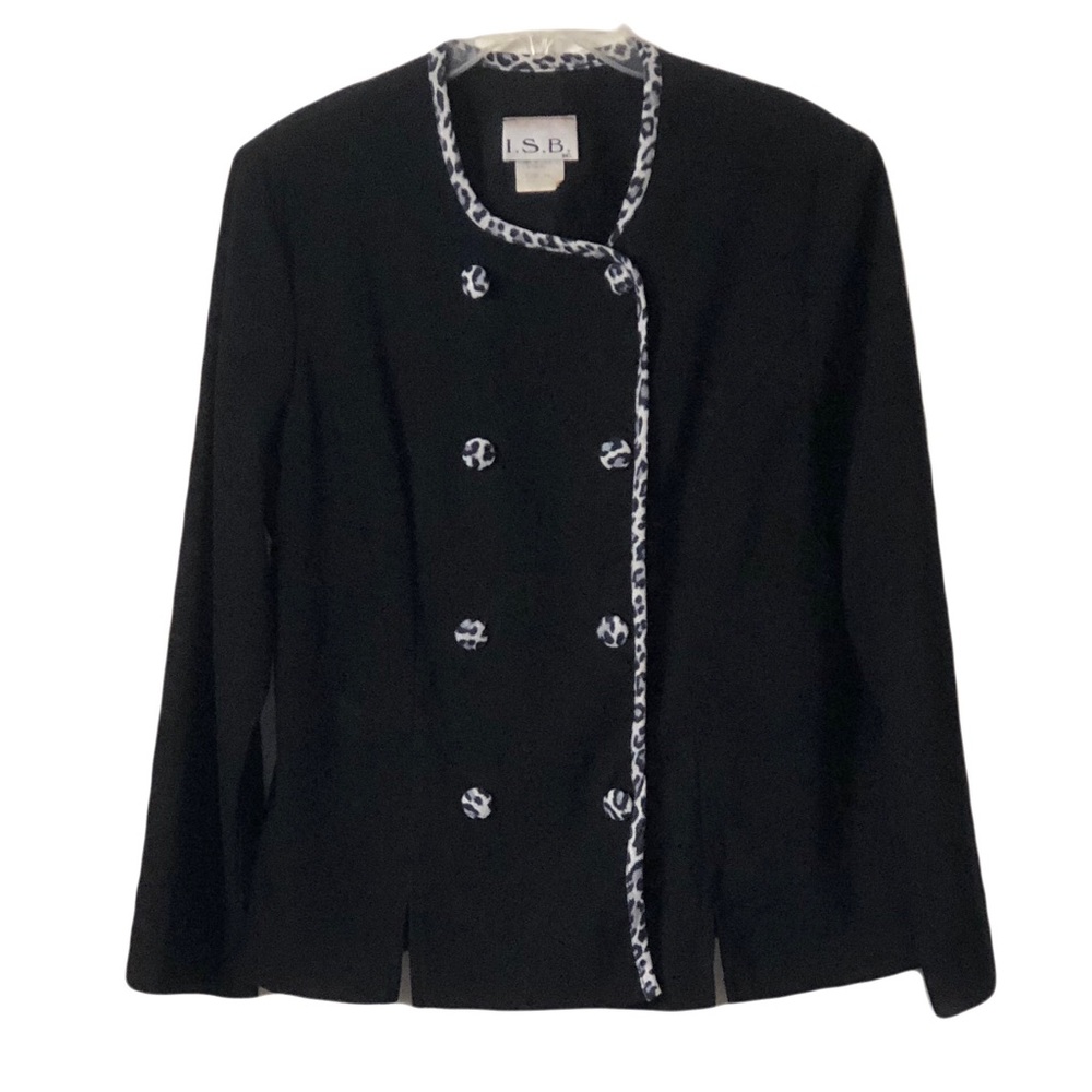 I S B Inc. Vintage Women Black and White jacket with leopard print trim …